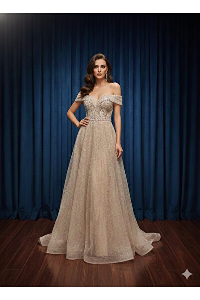 ANKYRA Sparkling Off-Shoulder Long Evening Dress with Stone Detail 5002