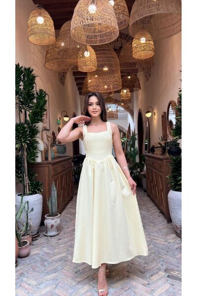 Moda Banuş Taş Baskılı A Kesim Bağcıklı Sarı Elbise