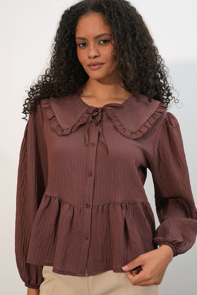 Merterium Women's Baby Collar Shirt Blouse 1463 - Brown