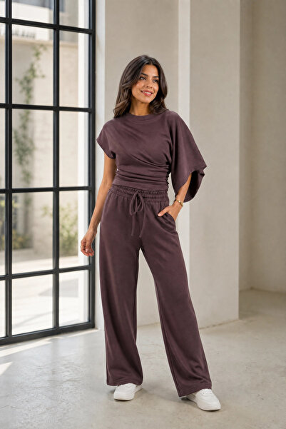Modark Women's Brown Asymmetrical Draped Double Suit - Wide Leg Soft Knitted ...