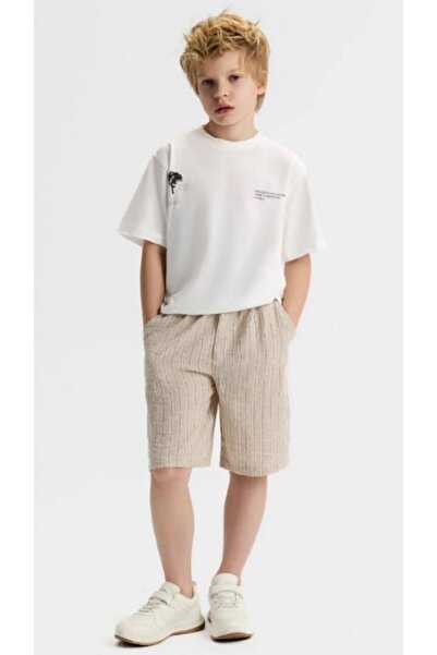 nk kids Nk Erkek Çocuk Pamuklu Çizgili Beli Lastikli Rahat Kalıp Erkek Şort 8...