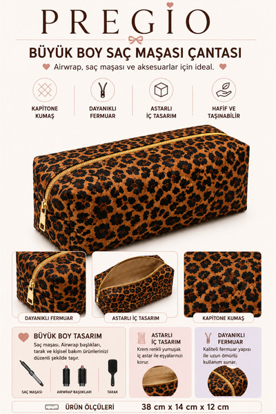 PREGIO Leopar Desenli Airwrap ve Tüm Saç Şekillendiriniz için XL Boy Çanta Se...