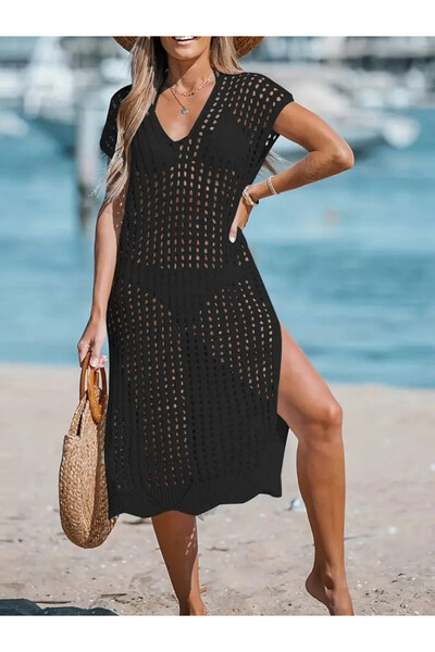 Efnaz style Women's Zero Sleeve V Neck Side Deep Slit Midi Length Knitwear Dress