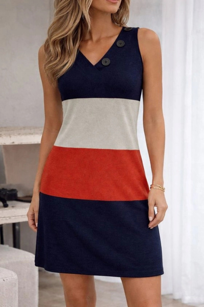 Beruflic Women's Strappy V-Neck Buttoned Multi-Colored Knitwear Dress