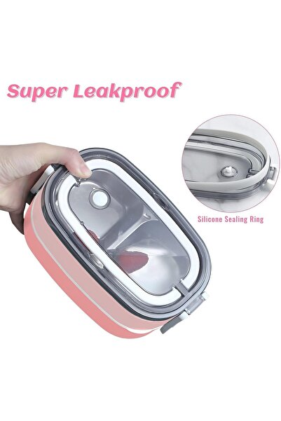HI-FINE (ag33ad4)2 Tier Stainless Steel Bento Lunch Box with 3 Compartments & Cutlery for Kids & Adults, 1400ml (Pink)