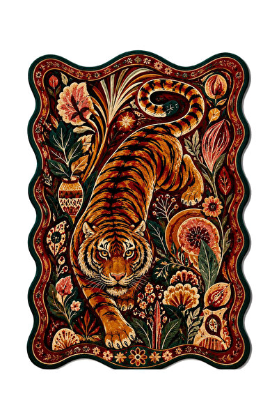 Rugs Modern Halı SDT Egzotik Kaplan ve Çiçek Desenli Kiremit Tonlu Turuncu Do...
