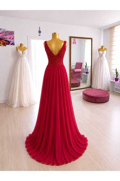 TuZeGiyim Red Chiffon Evening Dress