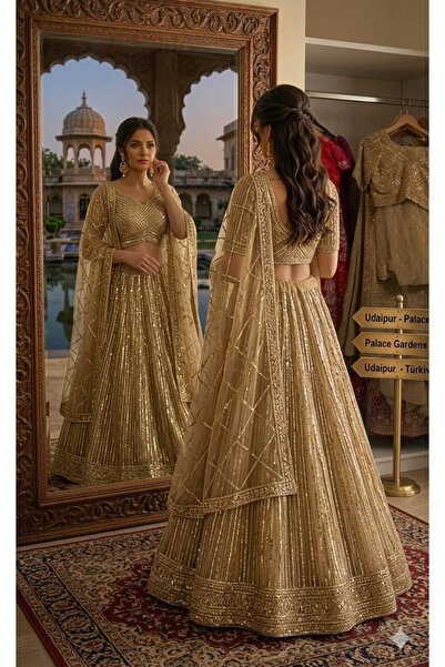 Aashiv's Collection Gelinlik Hint Lehenga Choli Takımı Altın İşlemeli