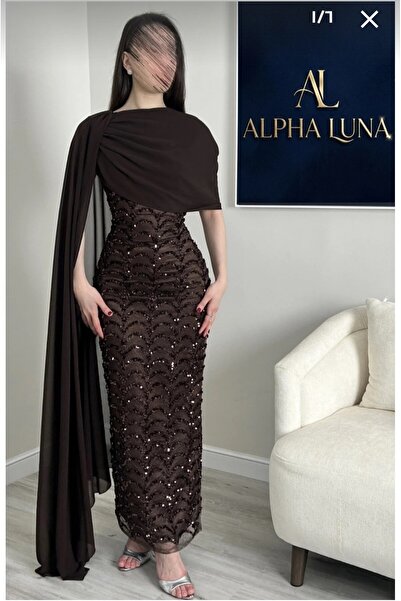 al faten "Chocola Brown" Luxury Evening Dress with Draped Cape Shawl