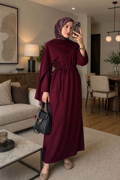MAG FASHİON فستان تشيتيور باللون العنابي من القطن مع ياقة شال، فستان تشيتيور