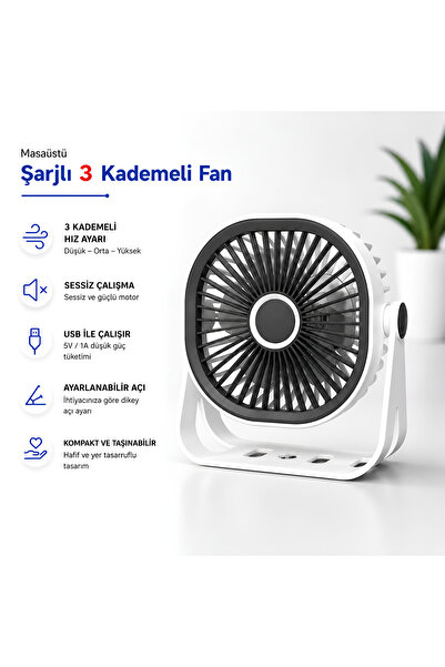 Dexmon Masaüstü Şarjlı 3 Kademeli Fan Type-c Şarjlı Taşınabilir Mini Vantilat...