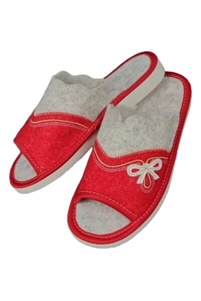 OEM Womens Felt Slippers, Open Toe Home Shoes with Bow Embroidery, Red Cream,...