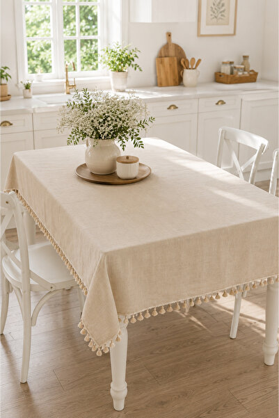Luxoras Home Keten Ucu Püsküllü Masa Örtüsü Country Bohem Dekoratif Salon ve ...