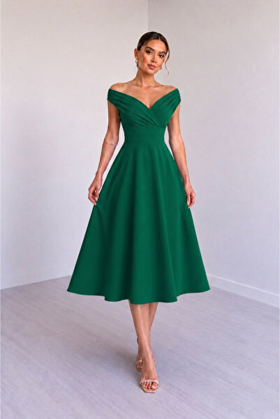 DRESSIFY WOMEN’S FASHION Kadın Kısa Kollu Kruvaze Yaka Krep Elbise - Eteği Vo...