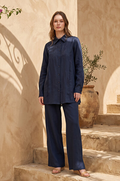 Nuss Embroidered Linen Suit with Trousers 1073 Navy Blue