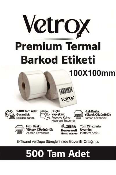 vetrox 1.KALİTE TERMAL BARKOD ETİKETİ 100X100 mm 500 Adet-TAM ADET