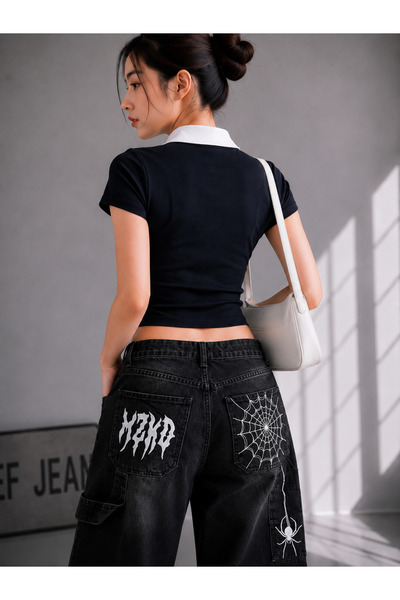 DEEFWEAR Y2K Spider Embroidered Baggy Jean Shorts Bermuda/Shorts