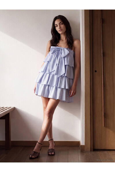 LC Waikiki Peak New Season Strapless Collar Striped Layered Dress