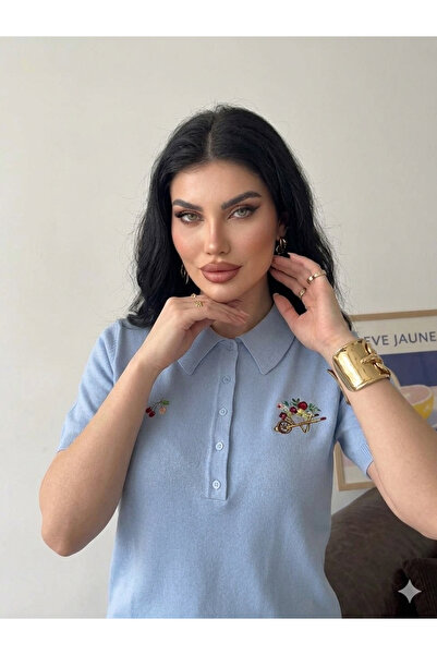EAS GİYİM Embroidery Detailed Polo Collar Buttoned Sweater