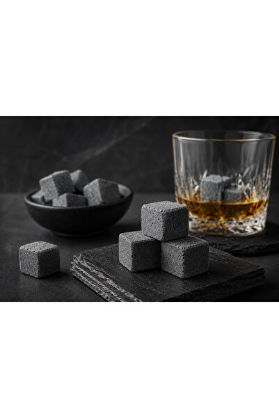 15'li Viski Soğutma Taşı Seti - Doğal Bazalt Whisky Stones Süet Keseli 2x2x2 cm