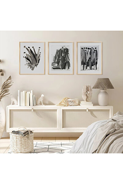 KOLAJTASARIM Set de 3 tablouri monocrome abstracte, înrămate cu lemn natural