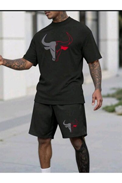 YK WEAR Unisex Bull Logo Oversize T-Shirt Shorts Two-Piece Set