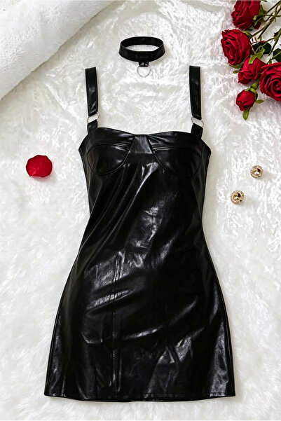 Generic Elegant Shiny Faux Leather Bodycon Mini Dress with Matching Choker, M...