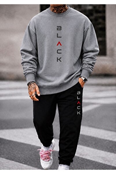 FAEL LİFE Unisex Wide Cut Zero Neck and Sweatpants Set with Black Print