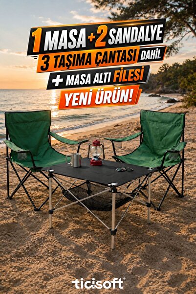 Ticisoft Fileli Kamp Masası Dayanıklı Taşıma Çantalı Bardaklıklı Kamp Sandaly...
