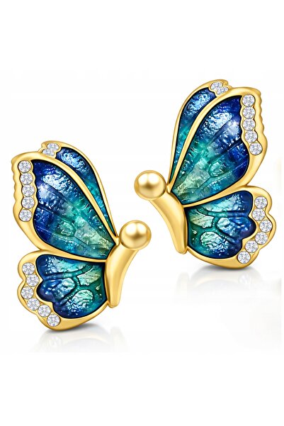 Larezo 925 Silver Earrings Gold Plated, With Blue Butterflies And Colored Zir...