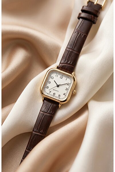 KLISHE Butik Classic Women's Steel Watch Gold Color Square Case Brown Leather...