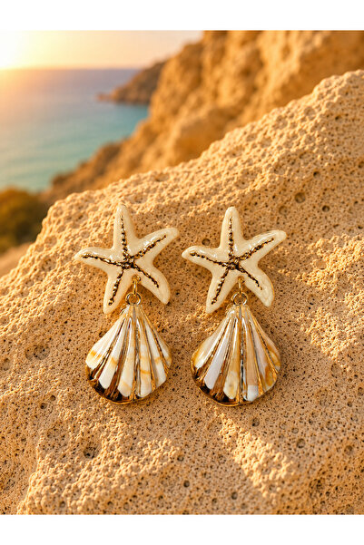 PABALAS Sea Star Figured Sea Shell Detailed Dangle Gold Women's Earrings Summ...
