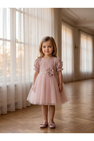 Cherrys Bebek Pearl Embellished Lace and Tulle Detailed Girls' Evening Dress