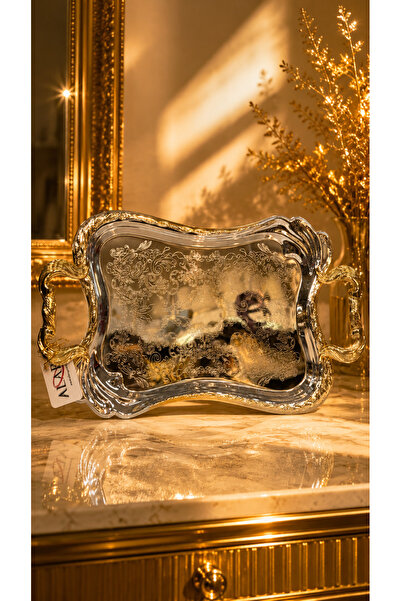 ALRASHED Lüks Gold Gümüş İşlemeli Kulplu Dekoratif Sunum Tepsisi 44x26 cm – P...