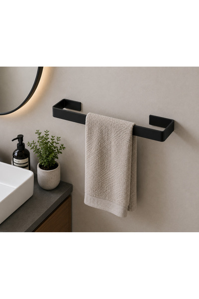 YDGR Siyah Metal Havlu Askısı Yapışkanlı – Banyo Mutfak Duvar Tipi Havluluk 40x7 Cm