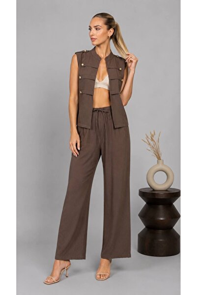 Arbucky Women's Stand Collar Buttoned Front Vest-Pants Set