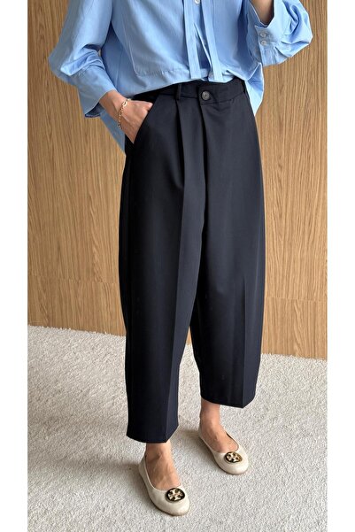 Home Double-Breasted Closure High-Waisted Trousers Navy Blue