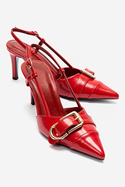 LuviShoes Noen Red Leather Buckle Pointed Toe Women's Heeled Shoes