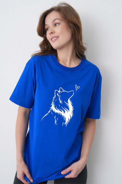 TREND EMMODA Tricou Saks albastru cu gât rotund, cu imprimeu minimalist cu câ...
