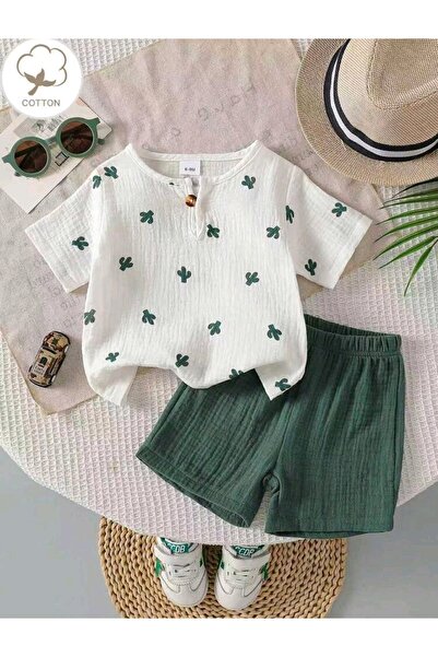 OEM Set tricou si pantaloni scurti, bumbac, alb, verde, 18-24 luni, 92 cm
