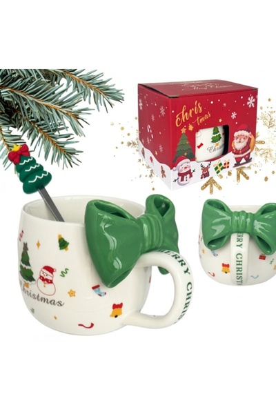 ECARLA Cană ceramică, de Crăciun, cu fundă verde și linguriță, 400ml, KB25ZIE