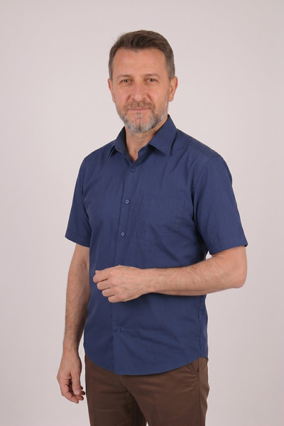 nacar çarşı Men's Navy Blue Classic Cut Short Sleeve Shirt