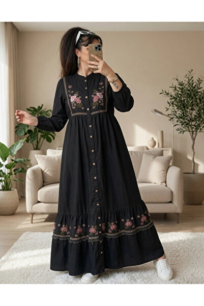 AZRA BUTİK Denim Embroidery Detailed and Buttoned Dress Black