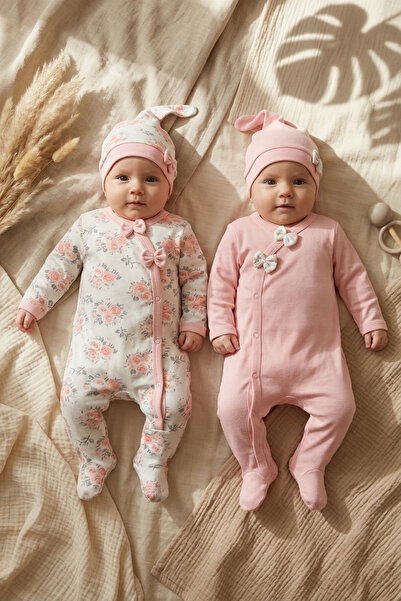 Babydonat Fiyonklu Çiçek Desenli Kız Bebek 4'lü Tulum Seti %100 Pamuk
