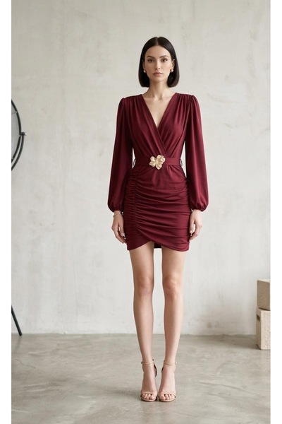 Generic Bordo Kruvaze Yaka Detaylı, Beli Aksesuarlı Uzun Kollu Mini Elbise.