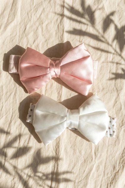 Babydonat Lumina 2-Piece Luxury Satin Bow Baby Bandana Set - Powder Pink and Pearl White Soft Elastic Hair Accessories