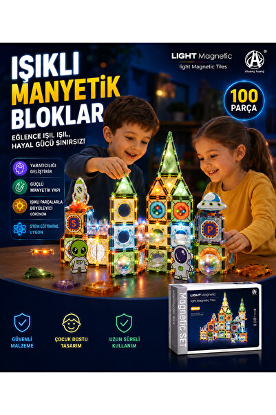 Cici Oyuncak 100 Parça Işıklı Manyetik Blok Seti 7,5 cm Işıklı STEM Eğitici O...
