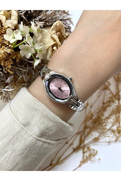 Mazzy Oval Vintage Silver Pink Dial Women Wrist Watch