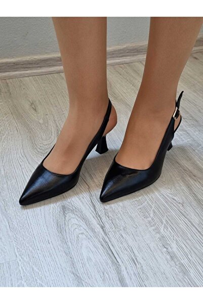 Sivri Burun Siyah Renkli 6,5cm Topuklu Kadın Stiletto (Slingback) Ayakkabı Günlük ve Özel Davet Ayakkabısı