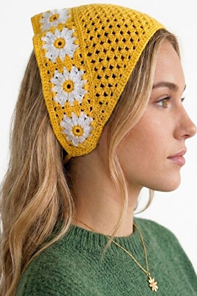 CAŞ DEKORASYON Yellow Color Floral Motif Knitted Hair Bandana